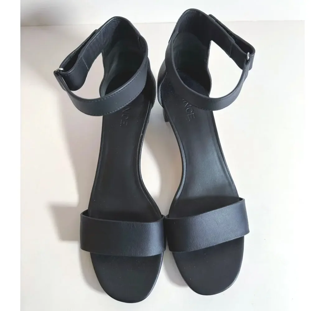 Vince Black Leather Ankle Strap Block Heel Sandals Women 9 Open Toe Dress Shoes